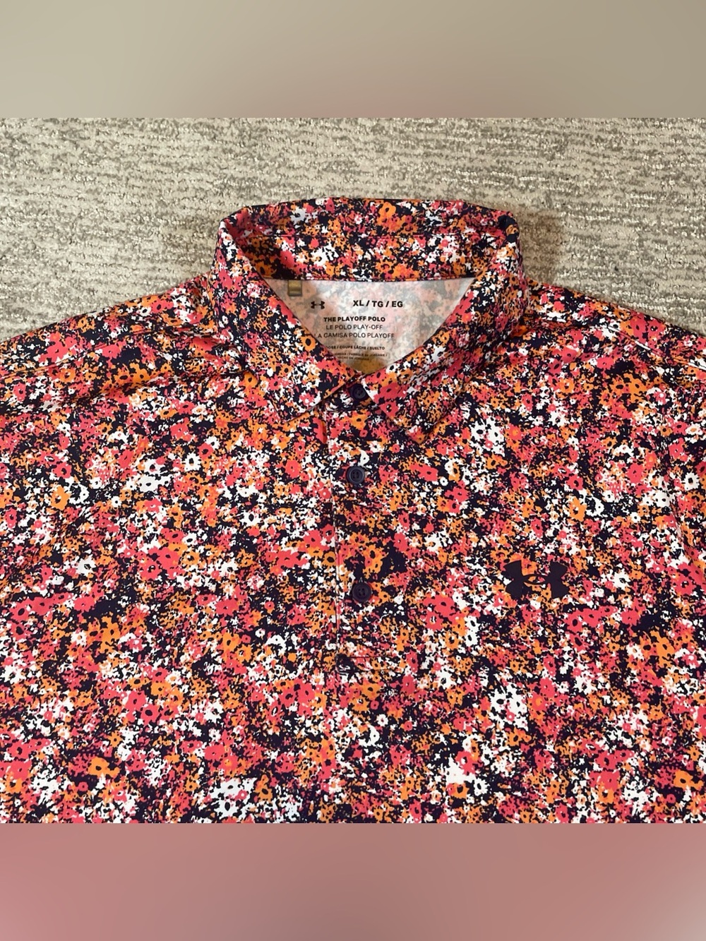 Under Armour Playoff Polo Men’s XL Floral Splatter Golf Pink Orange Performance